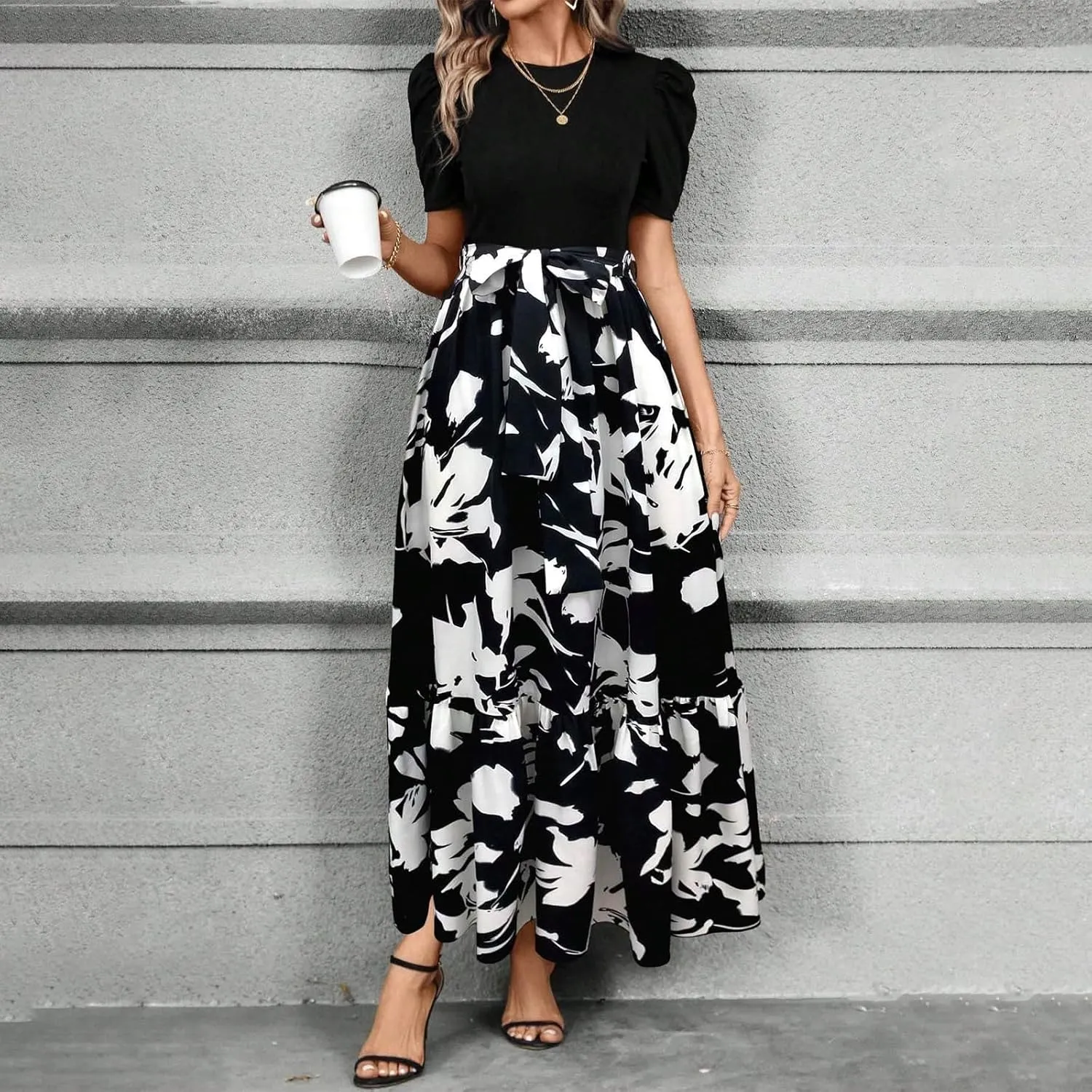 Long Floral Dresses for Women 2025 Elegant Boho Tie Belted Patchwork Empire Waist Short Sleeve Modest Flowy Maxi Dress