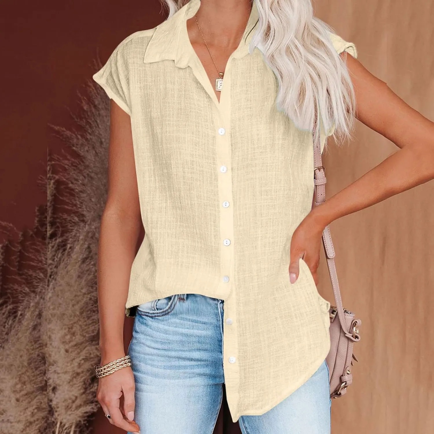 LRMQS Linen Shirts for Women Summer 2024 Button Down Lapel Cap Sleeve Shirt Tops Casual Beach Trendy Cotton Gauze Clothing
