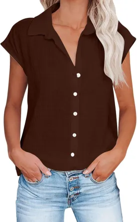 LRMQS Linen Shirts for Women Summer 2024 Button Down Lapel Cap Sleeve Shirt Tops Casual Beach Trendy Cotton Gauze Clothing