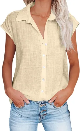 LRMQS Linen Shirts for Women Summer 2024 Button Down Lapel Cap Sleeve Shirt Tops Casual Beach Trendy Cotton Gauze Clothing