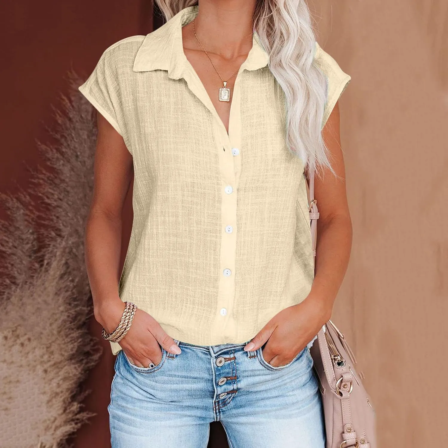 LRMQS Linen Shirts for Women Summer 2024 Button Down Lapel Cap Sleeve Shirt Tops Casual Beach Trendy Cotton Gauze Clothing