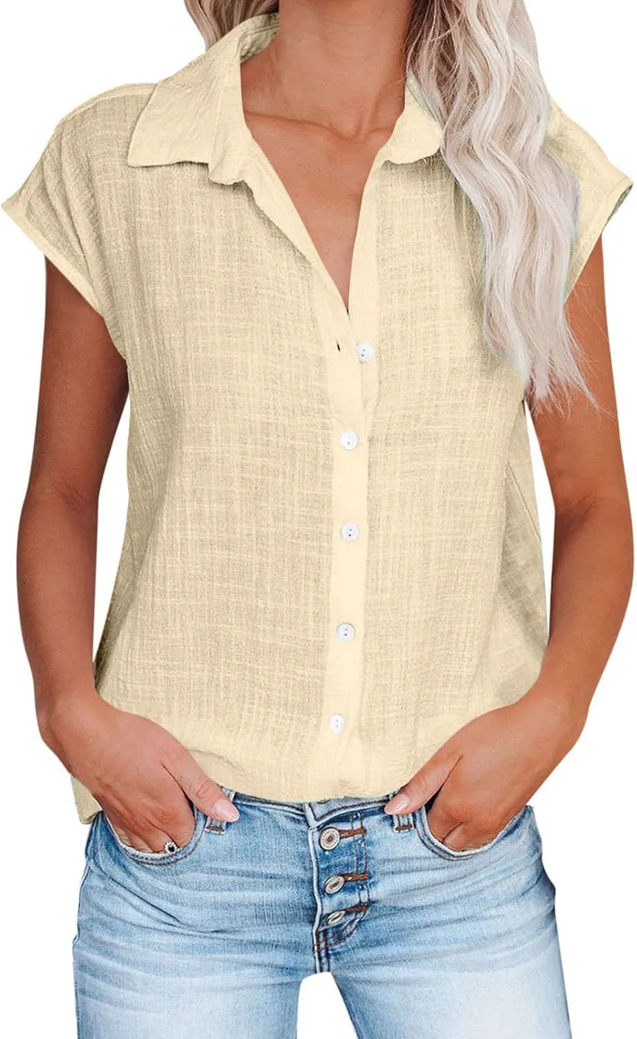 LRMQS Linen Shirts for Women Summer 2024 Button Down Lapel Cap Sleeve Shirt Tops Casual Beach Trendy Cotton Gauze Clothing
