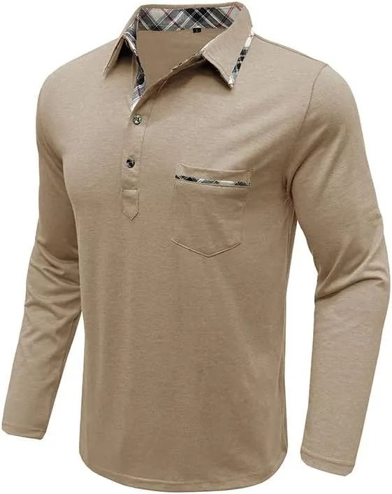 Mens Long Sleeve Polo Shirts Casual Button Moisture Cotton Tees Stylish Tops Golf Shirts with Pocket