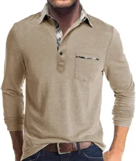 Mens Long Sleeve Polo Shirts Casual Button Moisture Cotton Tees Stylish Tops Golf Shirts with Pocket