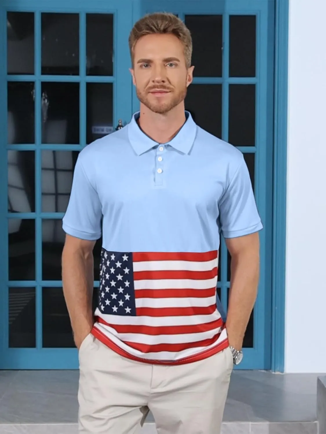 Men's Polo Shirts 2 Pack Print American Flag Short Sleeve Performance Golf Shirts Moisture Wicking Work Shirts