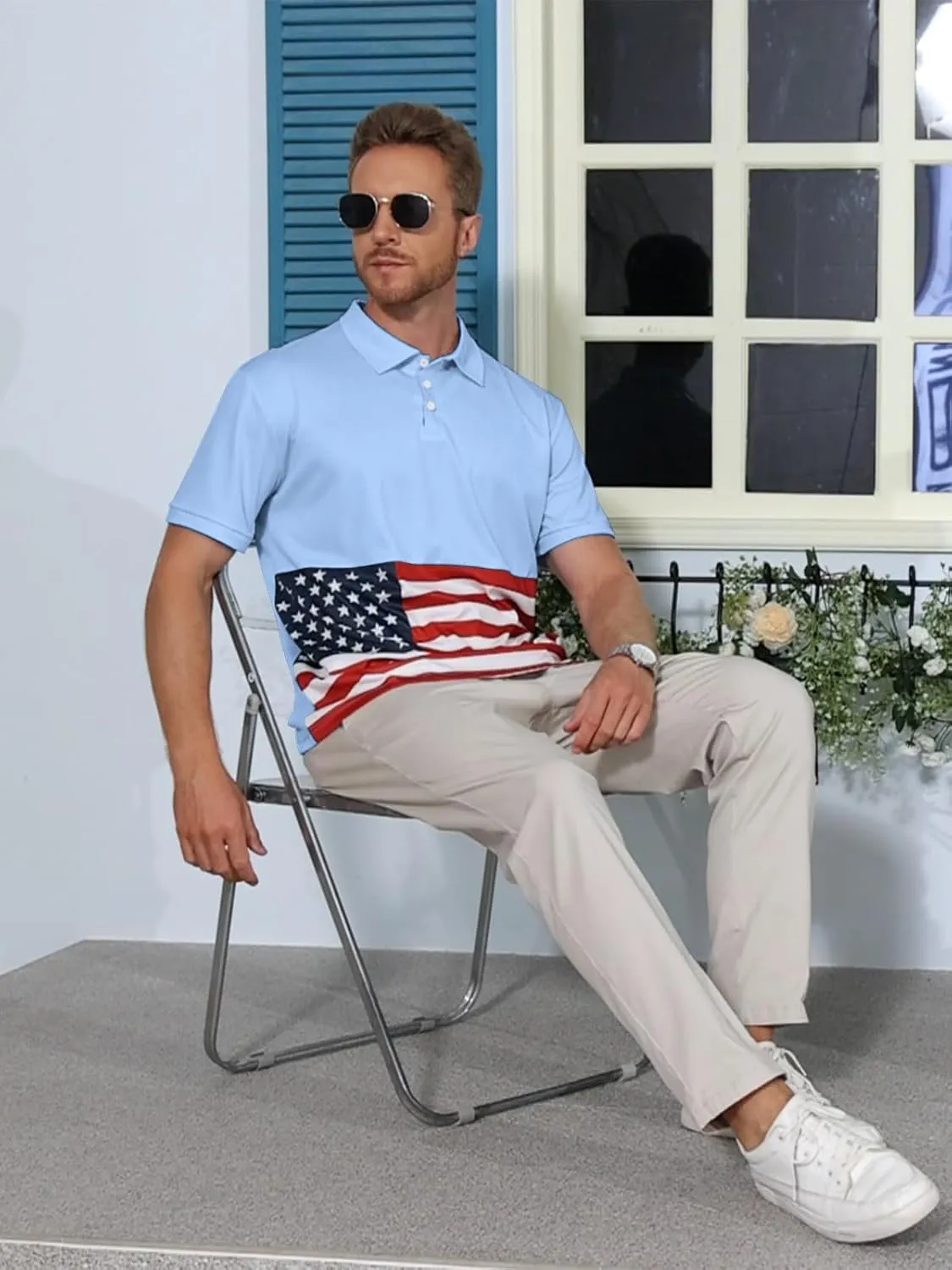Men's Polo Shirts 2 Pack Print American Flag Short Sleeve Performance Golf Shirts Moisture Wicking Work Shirts