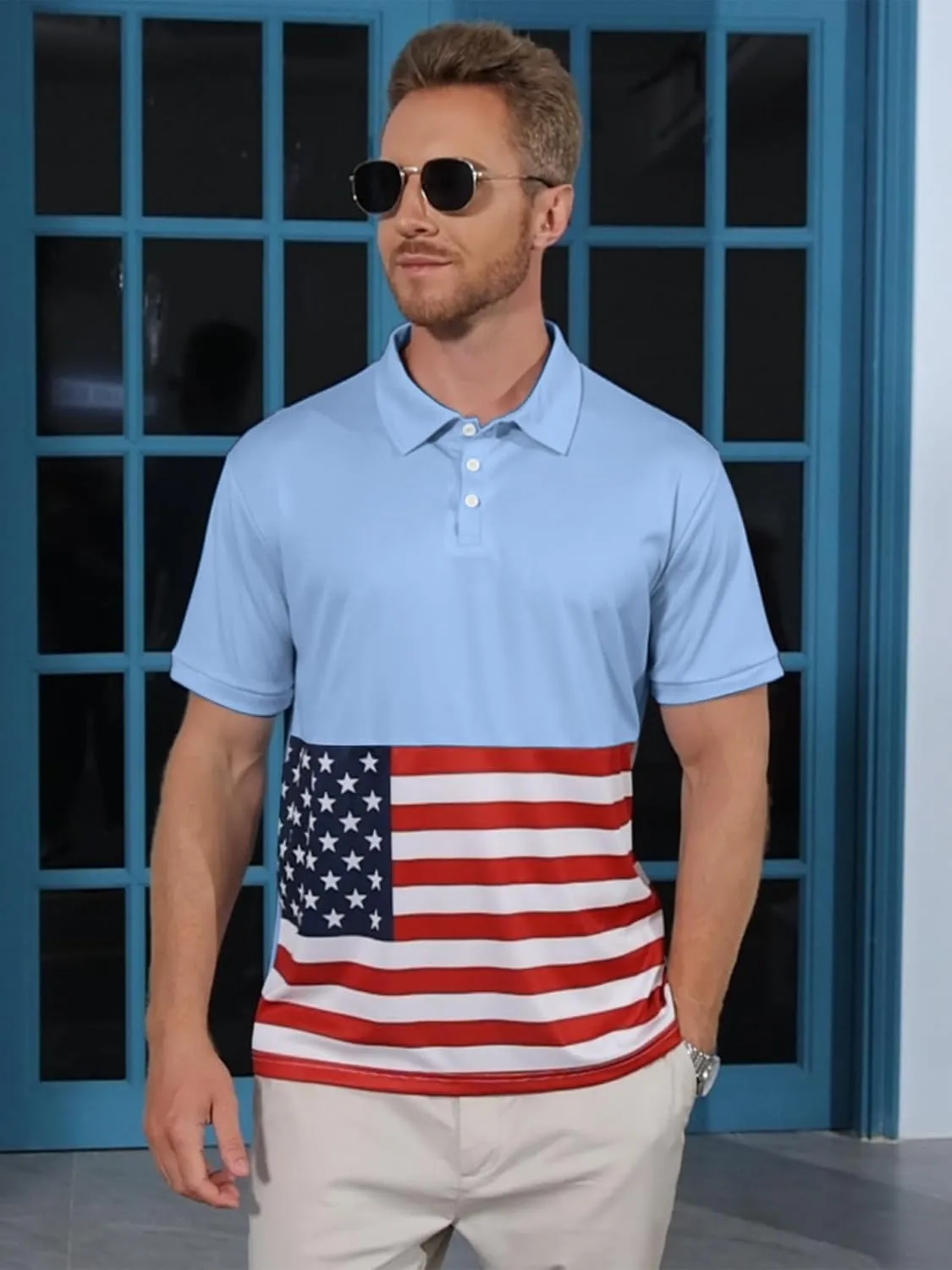 Men's Polo Shirts 2 Pack Print American Flag Short Sleeve Performance Golf Shirts Moisture Wicking Work Shirts
