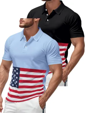 Men's Polo Shirts 2 Pack Print American Flag Short Sleeve Performance Golf Shirts Moisture Wicking Work Shirts