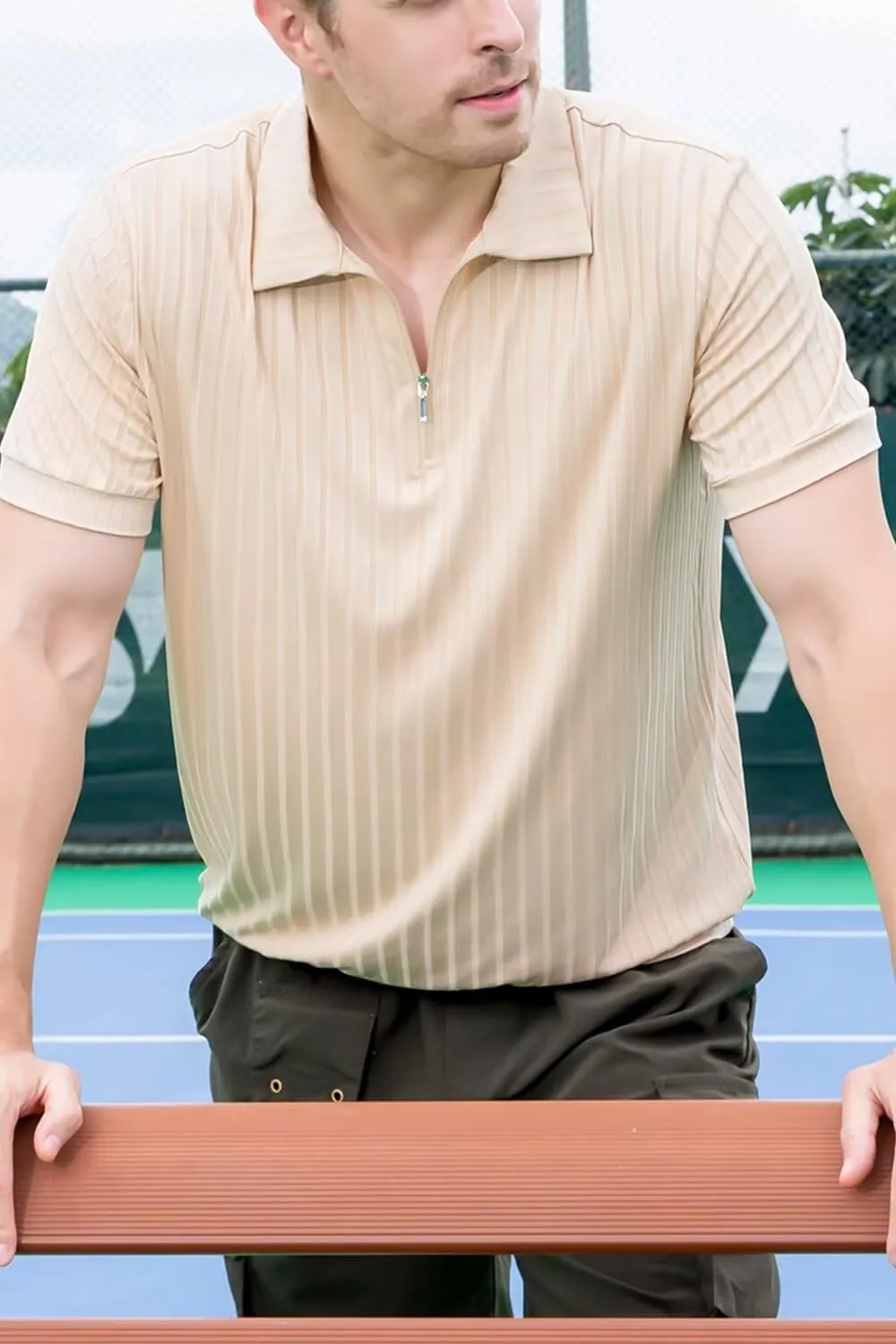 Men's Polo Shirts Short Sleeve T Shirts Ribbed Knit Zipper Polo Shirts Fashion Casual Golf Tee