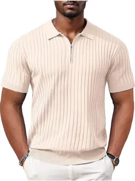 Men's Polo Shirts Short Sleeve T Shirts Ribbed Knit Zipper Polo Shirts Fashion Casual Golf Tee