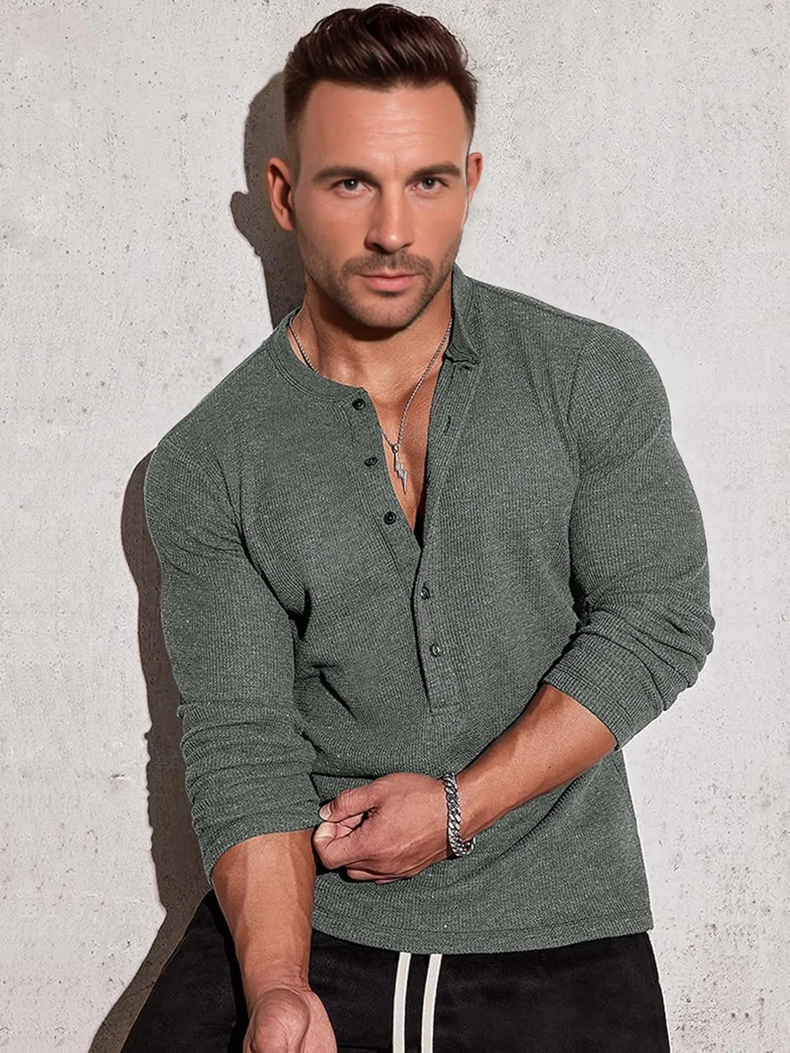 Men's Waffle Henley 5 Buttons Stylish Long&Short Sleeve T-Shirt Casual Slim Fit Tee