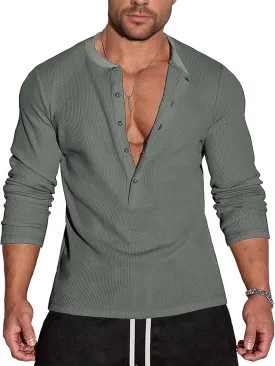 Men's Waffle Henley 5 Buttons Stylish Long&Short Sleeve T-Shirt Casual Slim Fit Tee