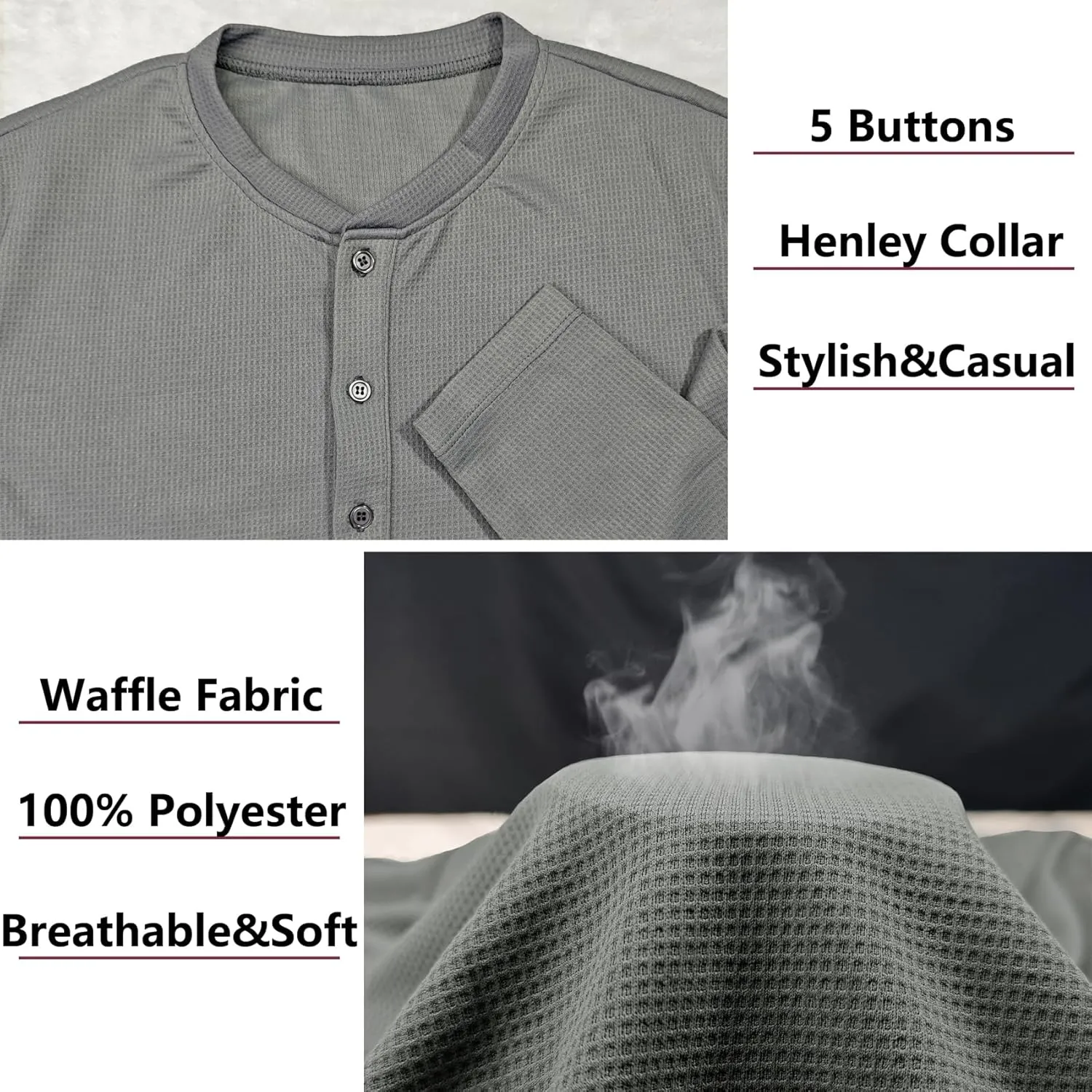 Men's Waffle Henley 5 Buttons Stylish Long&Short Sleeve T-Shirt Casual Slim Fit Tee