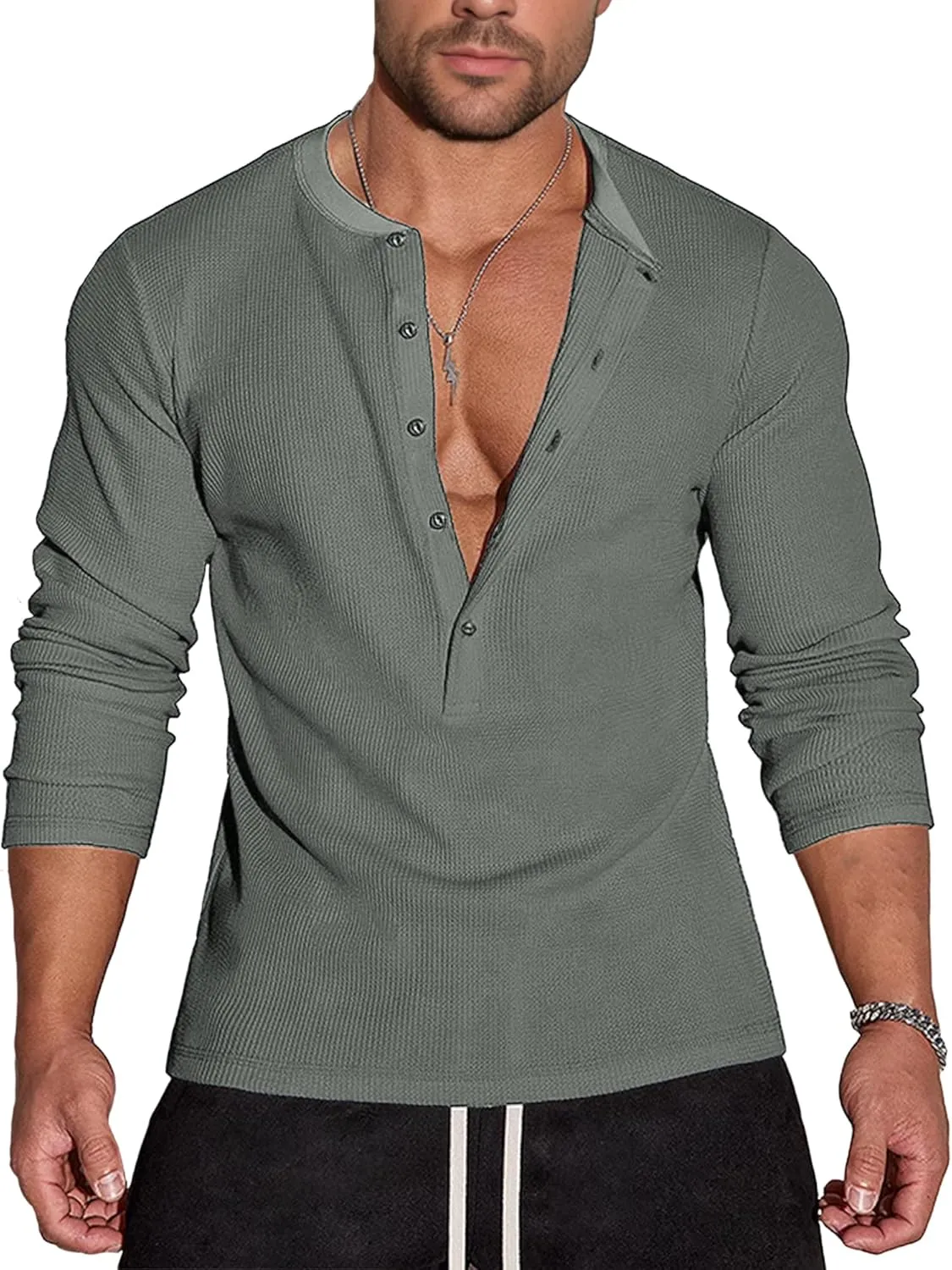 Men's Waffle Henley 5 Buttons Stylish Long&Short Sleeve T-Shirt Casual Slim Fit Tee