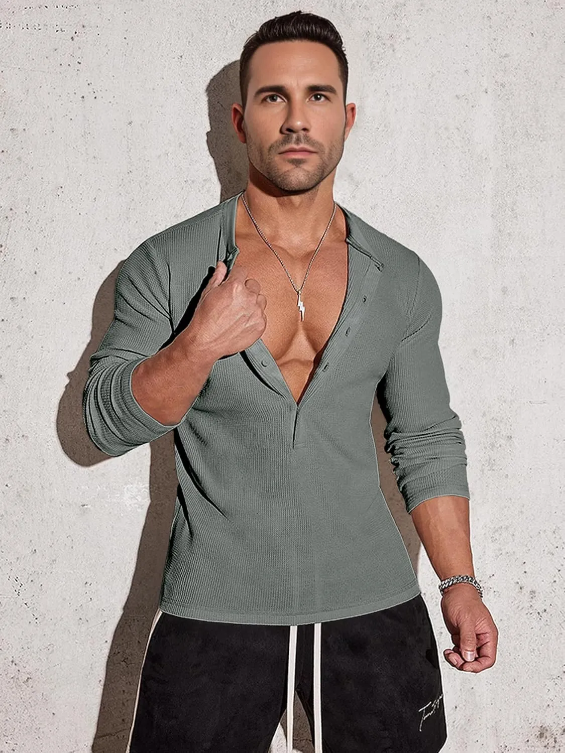 Men's Waffle Henley 5 Buttons Stylish Long&Short Sleeve T-Shirt Casual Slim Fit Tee