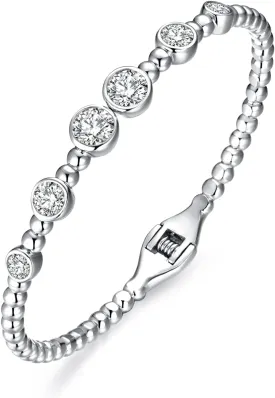 NUZON 18K Gold/Silver Plated Open Cuff Oval Bangles for Women AAA Cubic Zirconia Ball Beaded Stackable Bracelets Adjustable Minimalist Jewelry