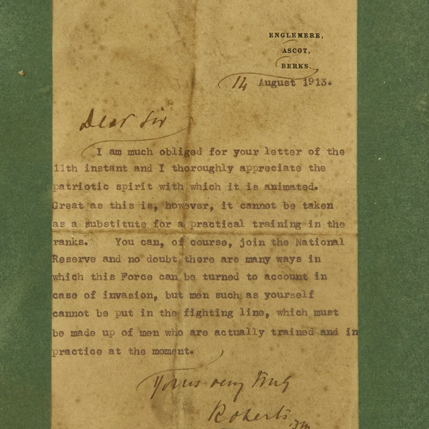 Original British WWI Era Framed Signed Letter from Lord Sleigh "Bobs" Roberts dated August 14th 1913