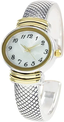 Rosemarie Collections Women's Stylish Oval Shaped Mother of Pearl Face and Textured Cuff Watch Bracelet (Silver/Gold)