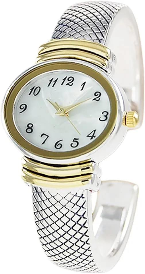 Rosemarie Collections Women's Stylish Oval Shaped Mother of Pearl Face and Textured Cuff Watch Bracelet (Silver/Gold)