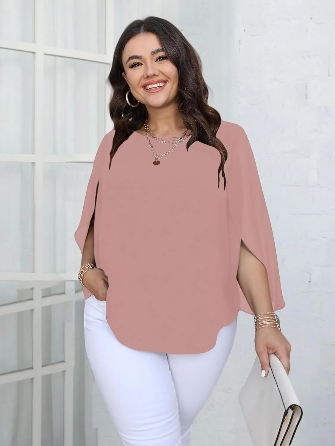 SCOMCHIC Plus Size Blouses for Women Summer Chiffon 3/4 Sleeve Tunic Tops Dressy Scoop Neck Casual Loose Flowy Shirts