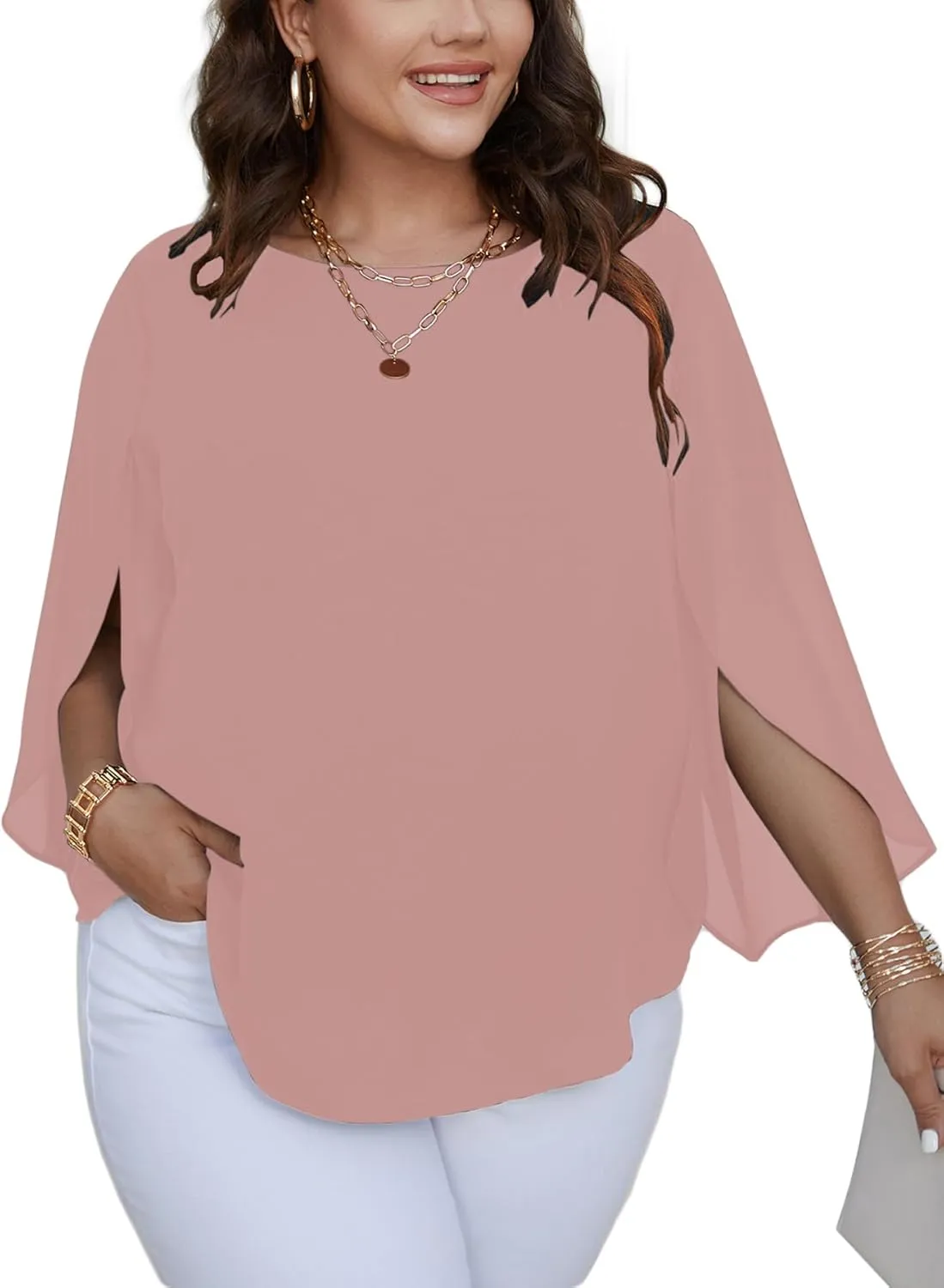 SCOMCHIC Plus Size Blouses for Women Summer Chiffon 3/4 Sleeve Tunic Tops Dressy Scoop Neck Casual Loose Flowy Shirts