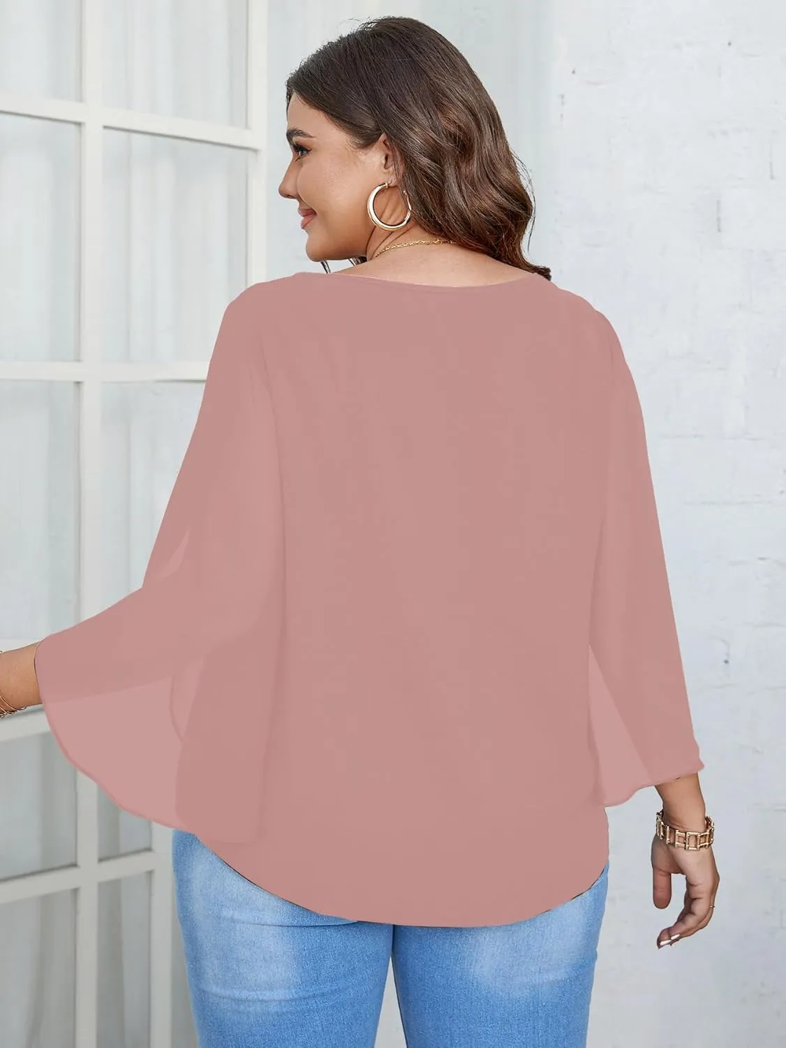 SCOMCHIC Plus Size Blouses for Women Summer Chiffon 3/4 Sleeve Tunic Tops Dressy Scoop Neck Casual Loose Flowy Shirts