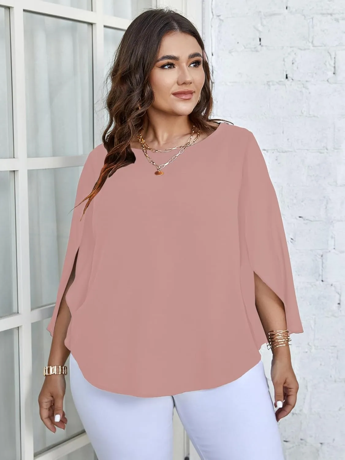 SCOMCHIC Plus Size Blouses for Women Summer Chiffon 3/4 Sleeve Tunic Tops Dressy Scoop Neck Casual Loose Flowy Shirts