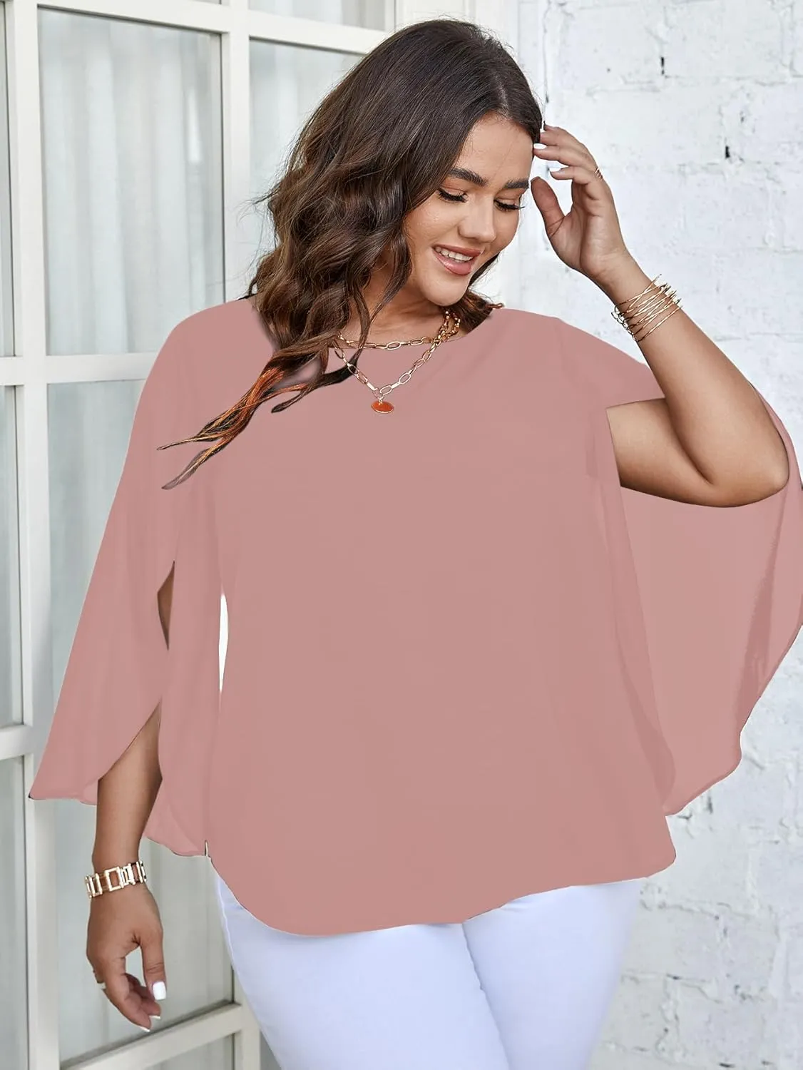 SCOMCHIC Plus Size Blouses for Women Summer Chiffon 3/4 Sleeve Tunic Tops Dressy Scoop Neck Casual Loose Flowy Shirts