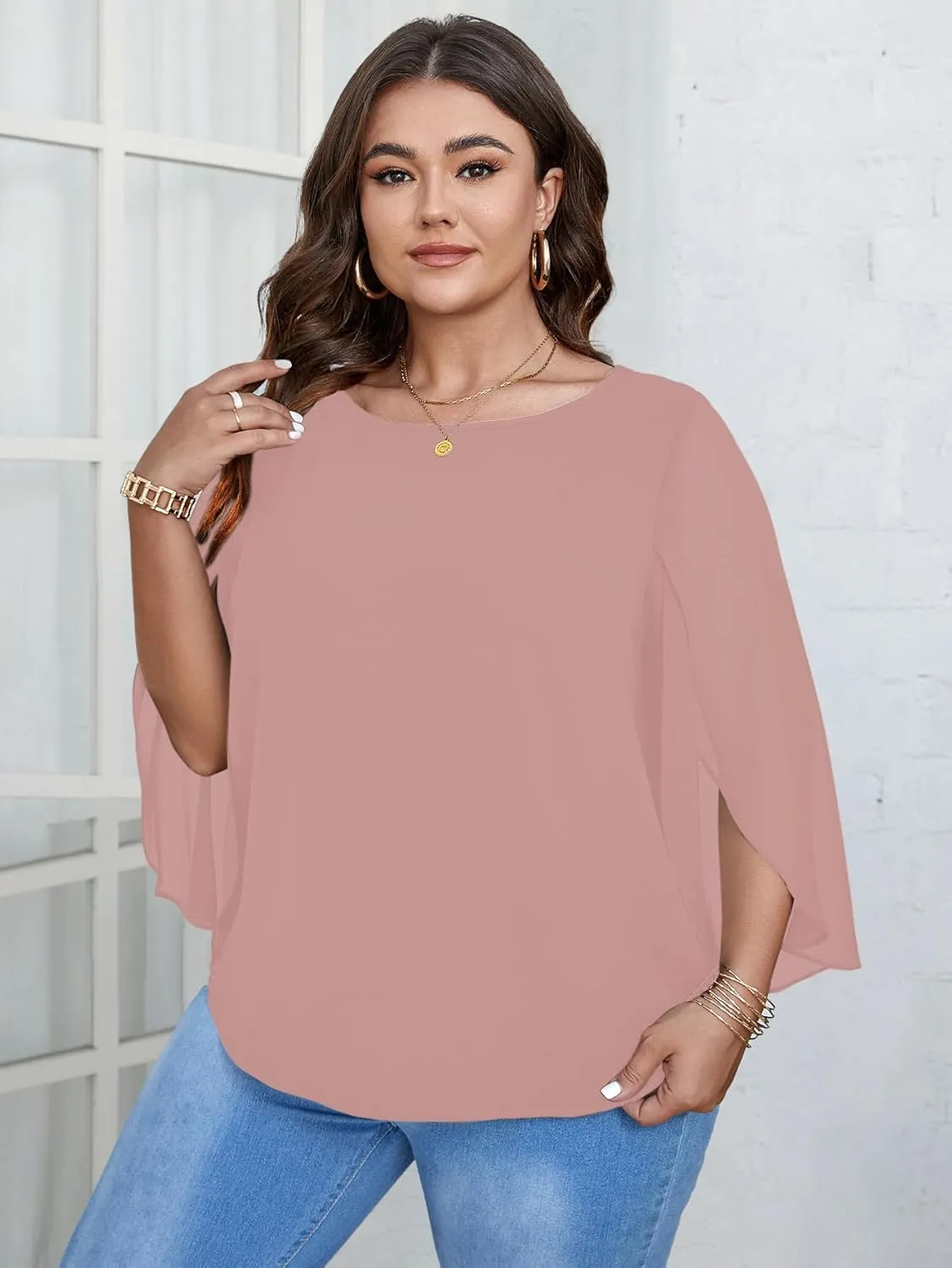 SCOMCHIC Plus Size Blouses for Women Summer Chiffon 3/4 Sleeve Tunic Tops Dressy Scoop Neck Casual Loose Flowy Shirts