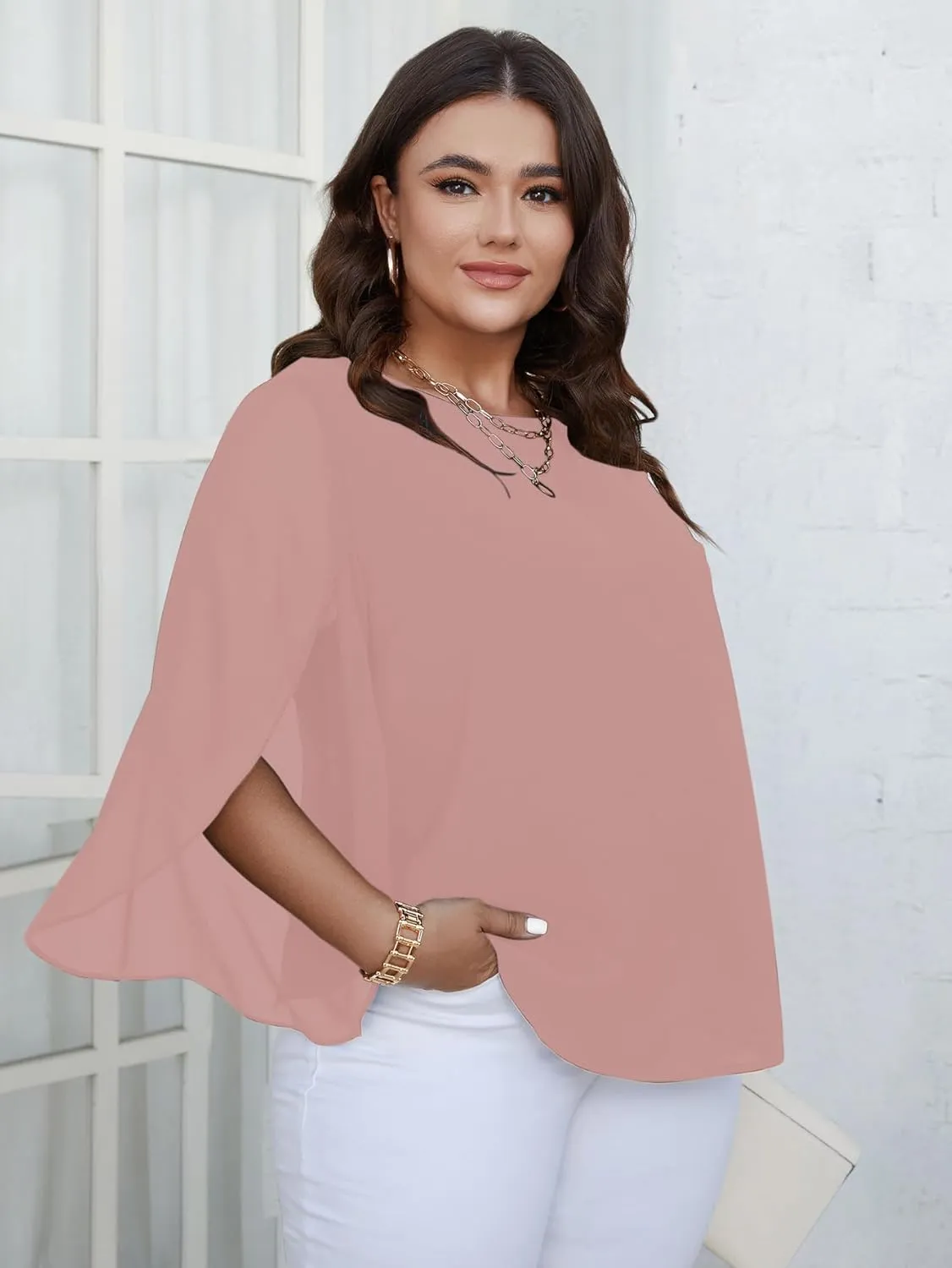 SCOMCHIC Plus Size Blouses for Women Summer Chiffon 3/4 Sleeve Tunic Tops Dressy Scoop Neck Casual Loose Flowy Shirts