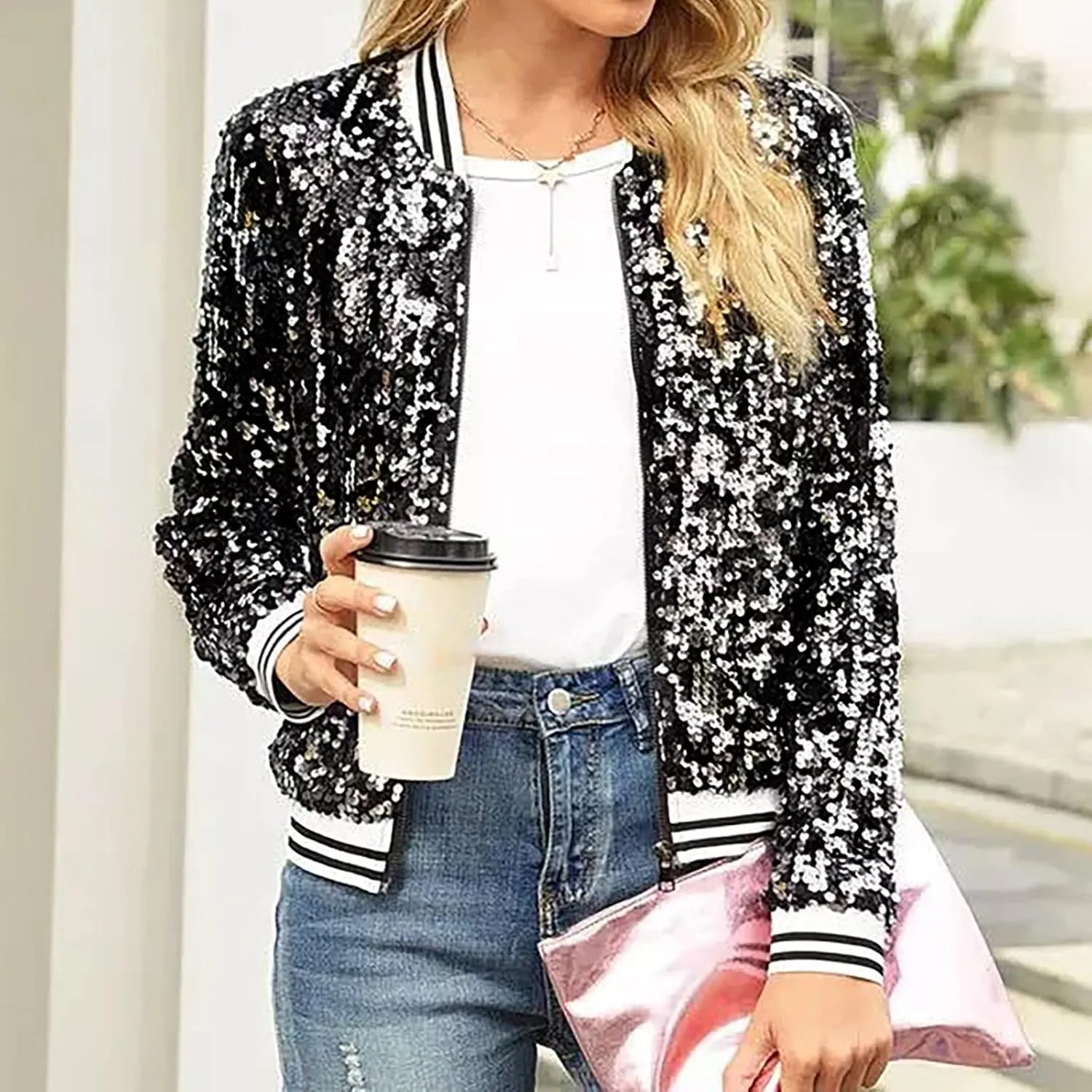 Sequin Bomber Jacket for Women Casual Long Sleeve Zip Up Cardigan Top Shiny Sparkle Mardi Gras Party Festival Outfits