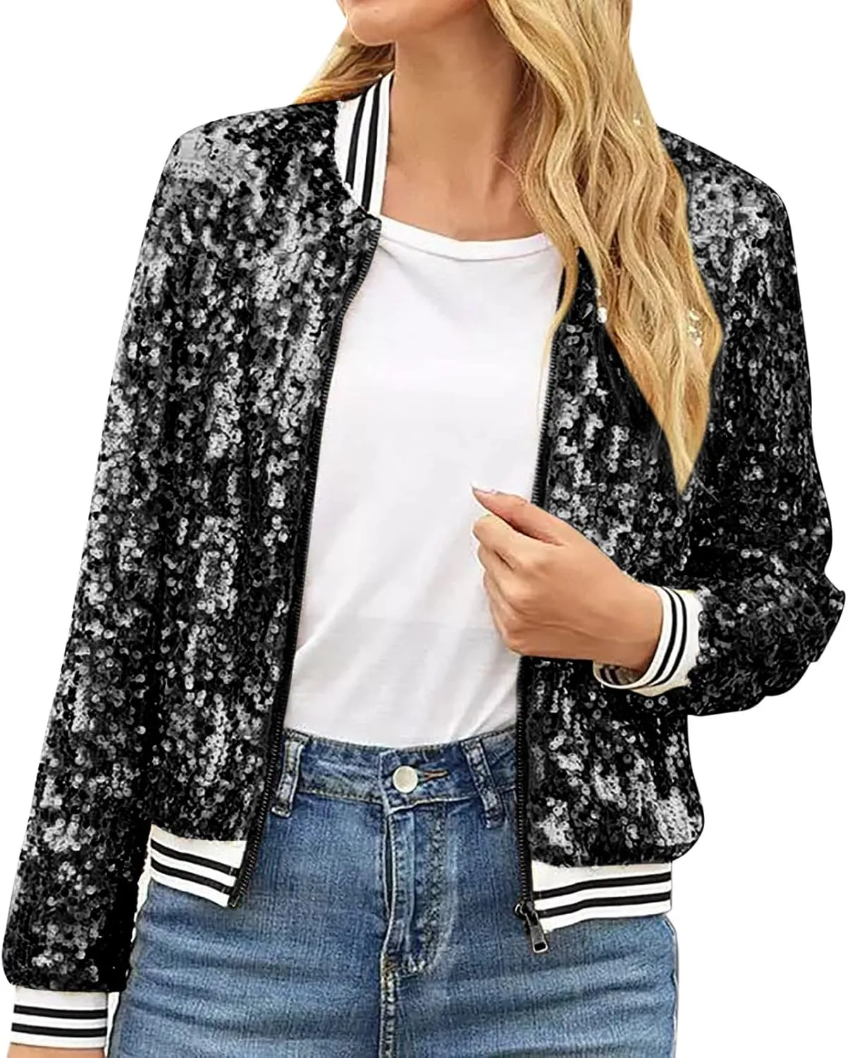 Sequin Bomber Jacket for Women Casual Long Sleeve Zip Up Cardigan Top Shiny Sparkle Mardi Gras Party Festival Outfits