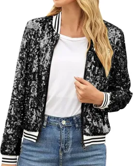 Sequin Bomber Jacket for Women Casual Long Sleeve Zip Up Cardigan Top Shiny Sparkle Mardi Gras Party Festival Outfits