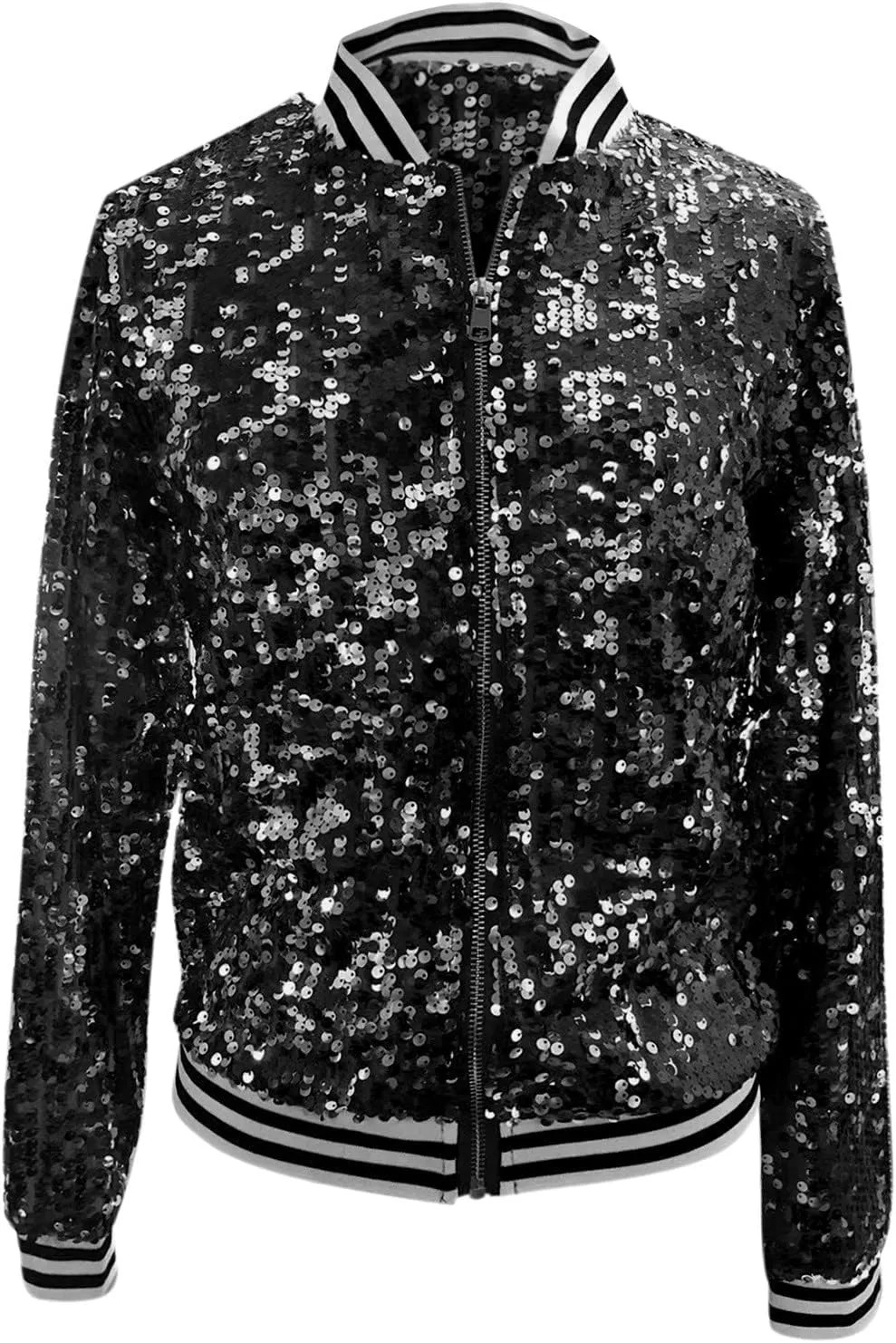 Sequin Bomber Jacket for Women Casual Long Sleeve Zip Up Cardigan Top Shiny Sparkle Mardi Gras Party Festival Outfits