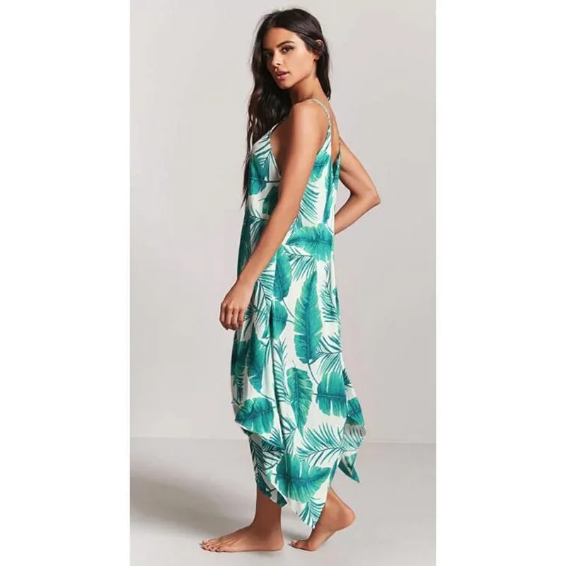 Sexy Printed Spaghetti Strap Irregular Beach Maxi Dress