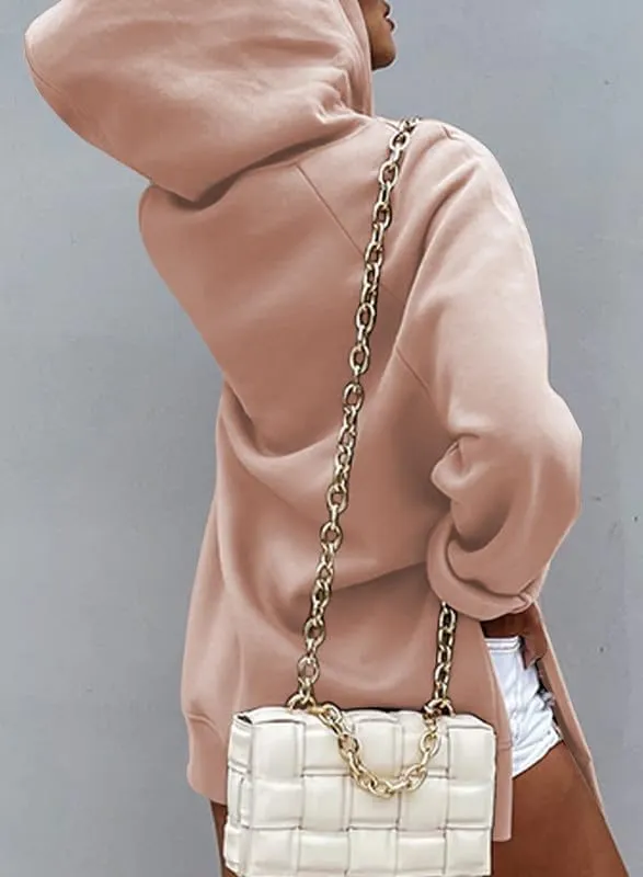 SHEWIN Women's Oversized Casual Pullover Long Sleeve Split Hem Drawstring Hoodies Dress With Kangaroo Pocket