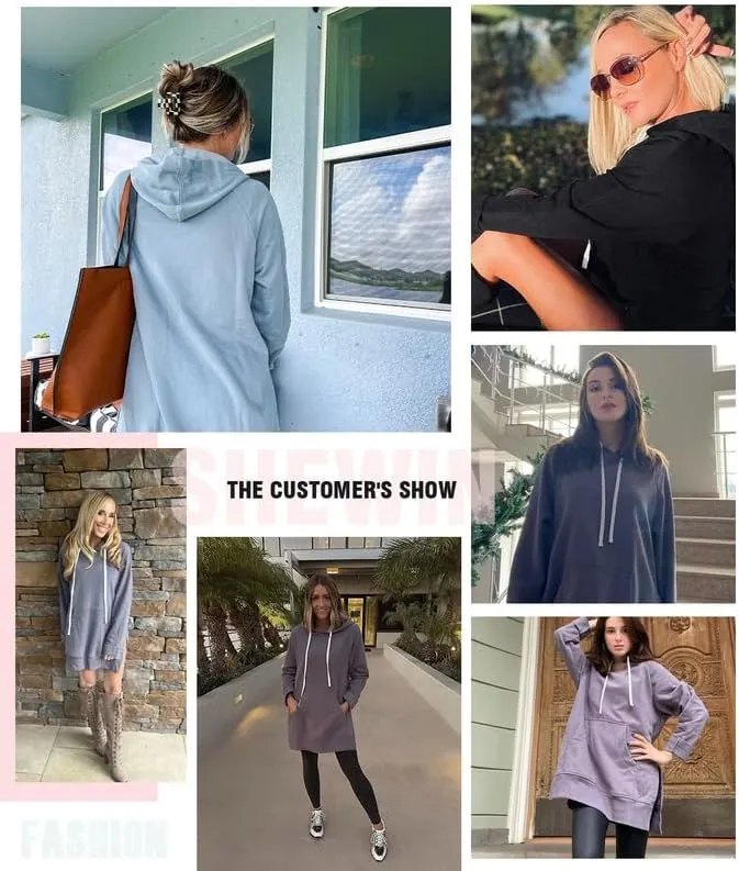 SHEWIN Women's Oversized Casual Pullover Long Sleeve Split Hem Drawstring Hoodies Dress With Kangaroo Pocket