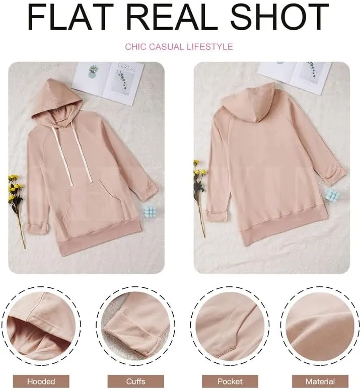 SHEWIN Women's Oversized Casual Pullover Long Sleeve Split Hem Drawstring Hoodies Dress With Kangaroo Pocket