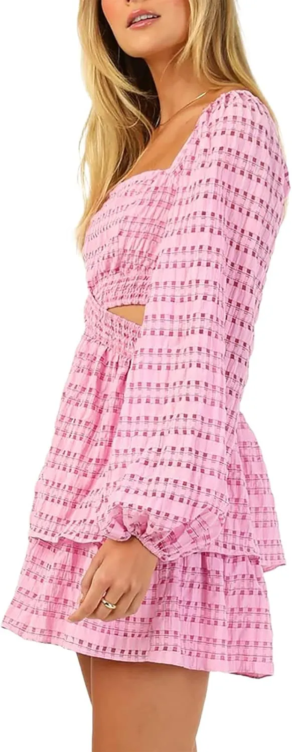 Shy Velvet 2023 Summer Dresses for Women Square Neck Crossover Waist Long Sleeve Dress Party Club Mini Dress