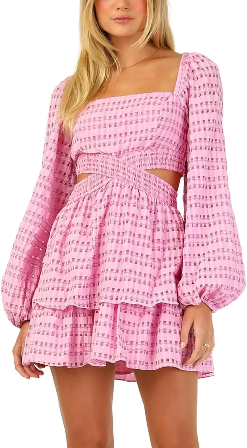 Shy Velvet 2023 Summer Dresses for Women Square Neck Crossover Waist Long Sleeve Dress Party Club Mini Dress