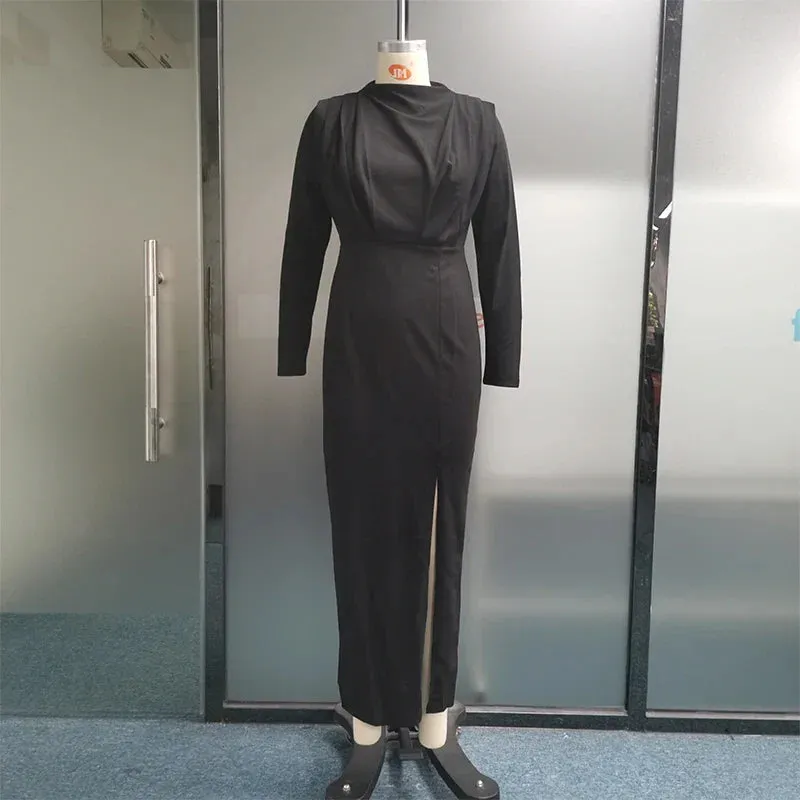 Solid Pleated High Split Long Sleeve Maxi Dress