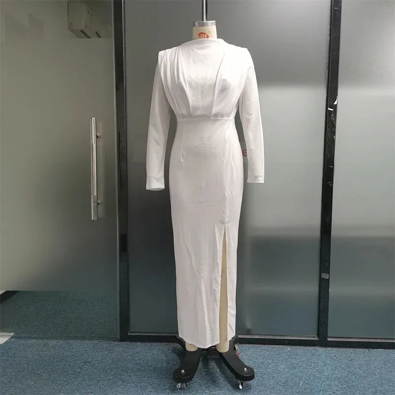 Solid Pleated High Split Long Sleeve Maxi Dress