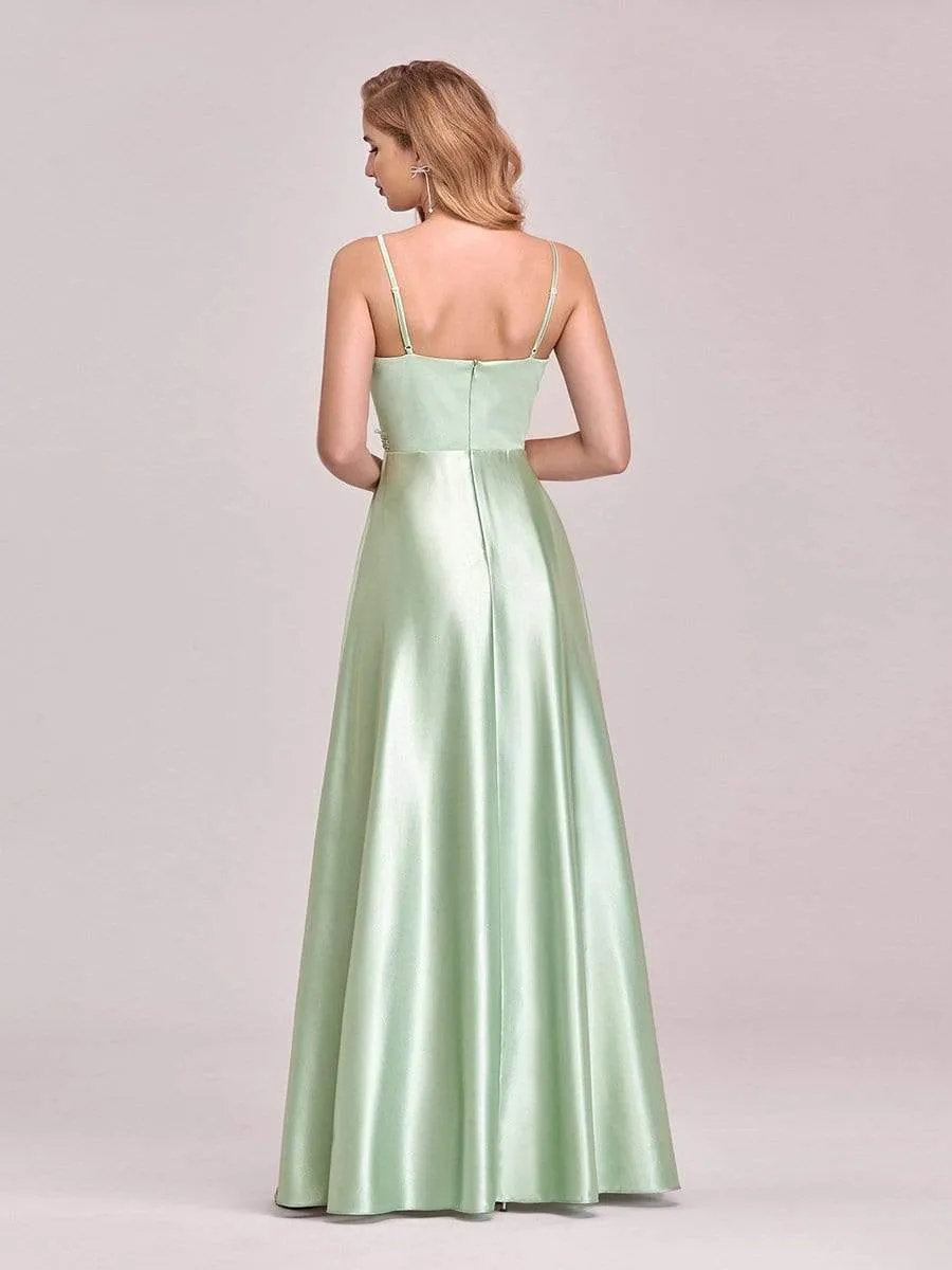 Stunning Deep V Neck A-Line Satin Prom Dresses with Spaghetti Straps