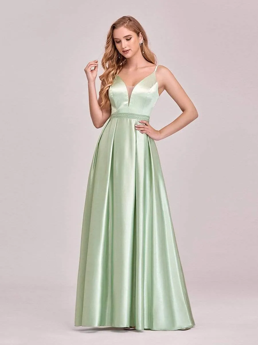 Stunning Deep V Neck A-Line Satin Prom Dresses with Spaghetti Straps