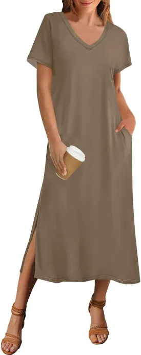 Summer Dresses for Women 2025 Beach Vacation Spring Clothes Short Sleeve V Neck Casual Maxi Dresses