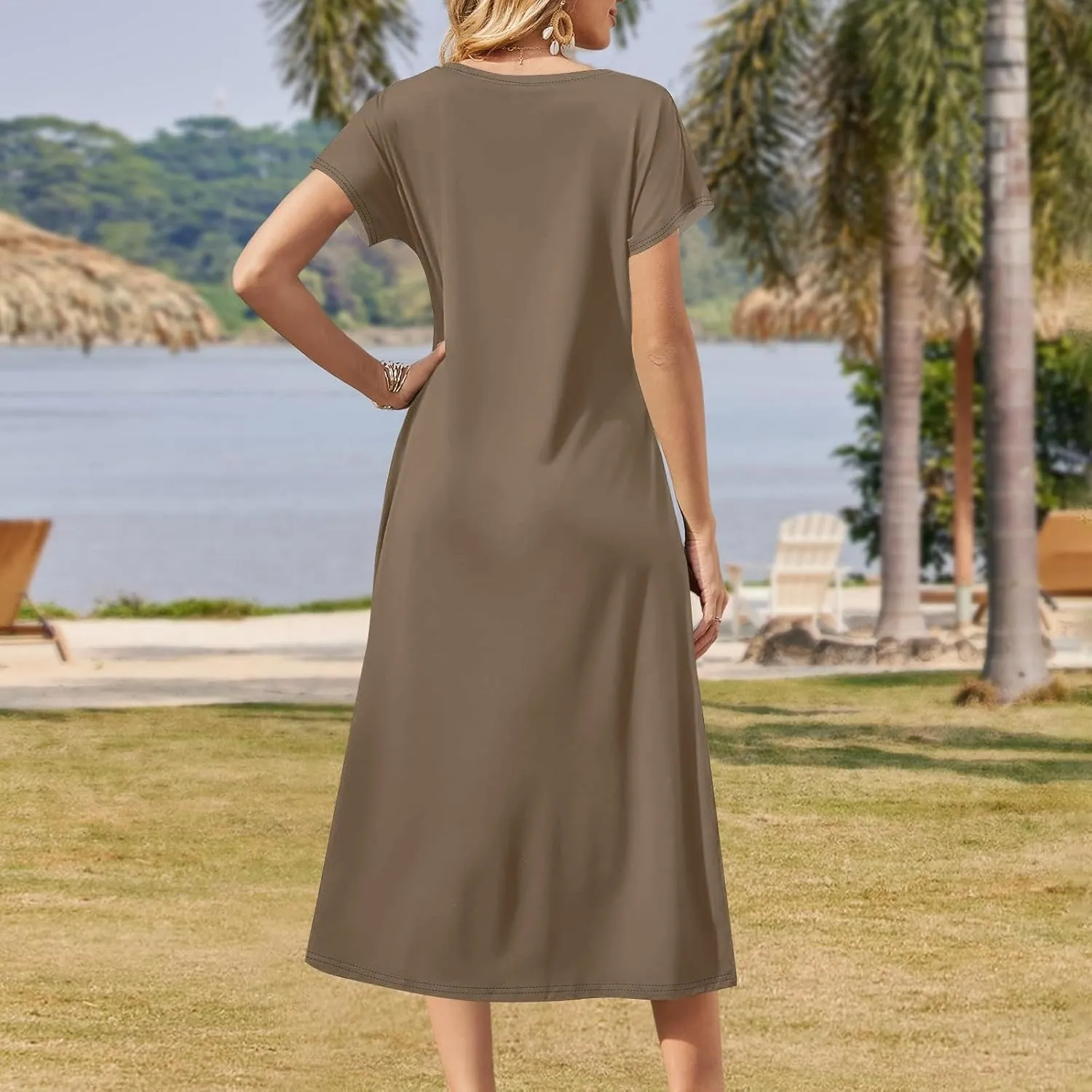 Summer Dresses for Women 2025 Beach Vacation Spring Clothes Short Sleeve V Neck Casual Maxi Dresses