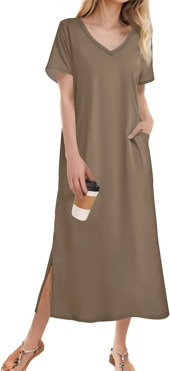 Summer Dresses for Women 2025 Beach Vacation Spring Clothes Short Sleeve V Neck Casual Maxi Dresses