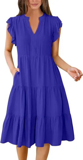 Summer Dresses for Women 2025 Ruffle Sleeve V-Neck Layered A-Line Midi Wedding Guest Boho Beach Vacation Sundresses
