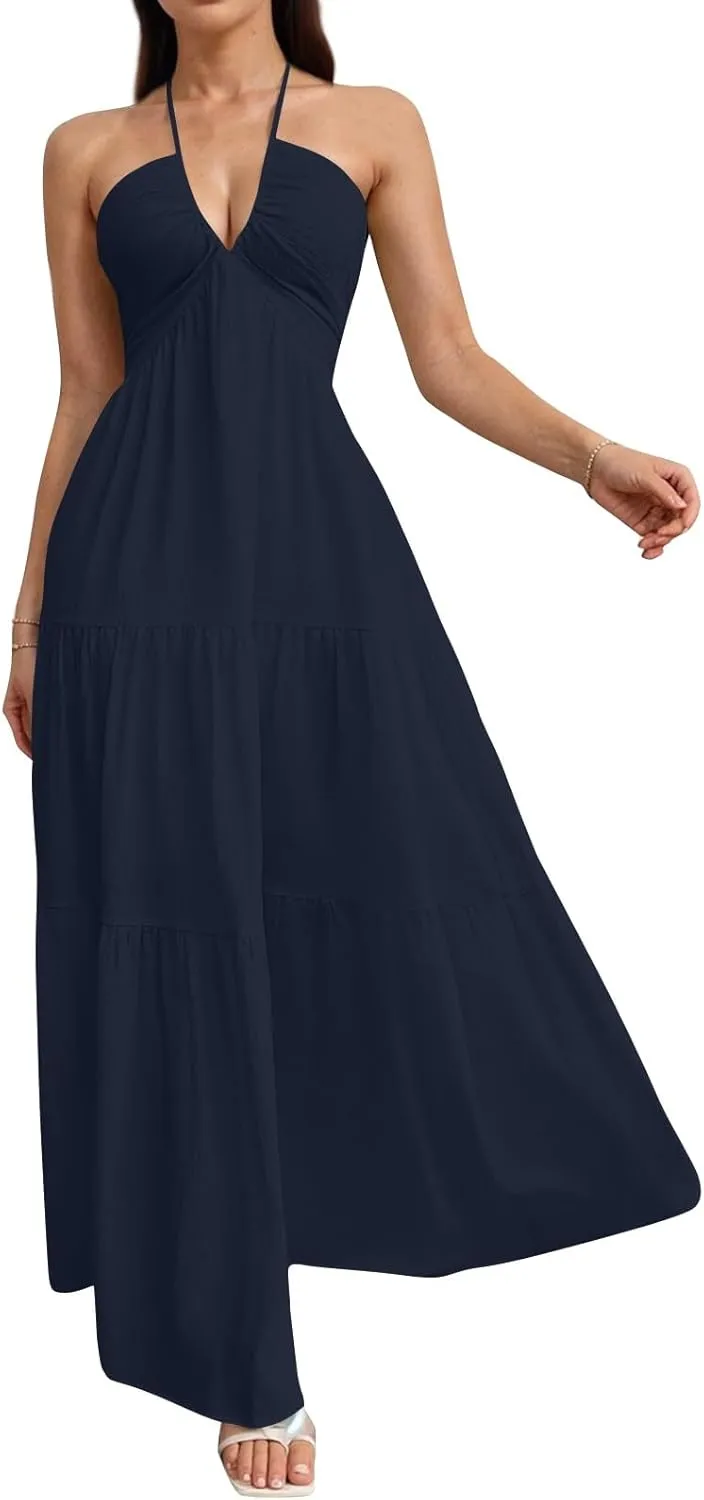 Summer Dresses for Women 2025 Spaghetti Strap Halter V Neck Maxi Dress Bow Tie Backless Ruffle A Line Prom Dress