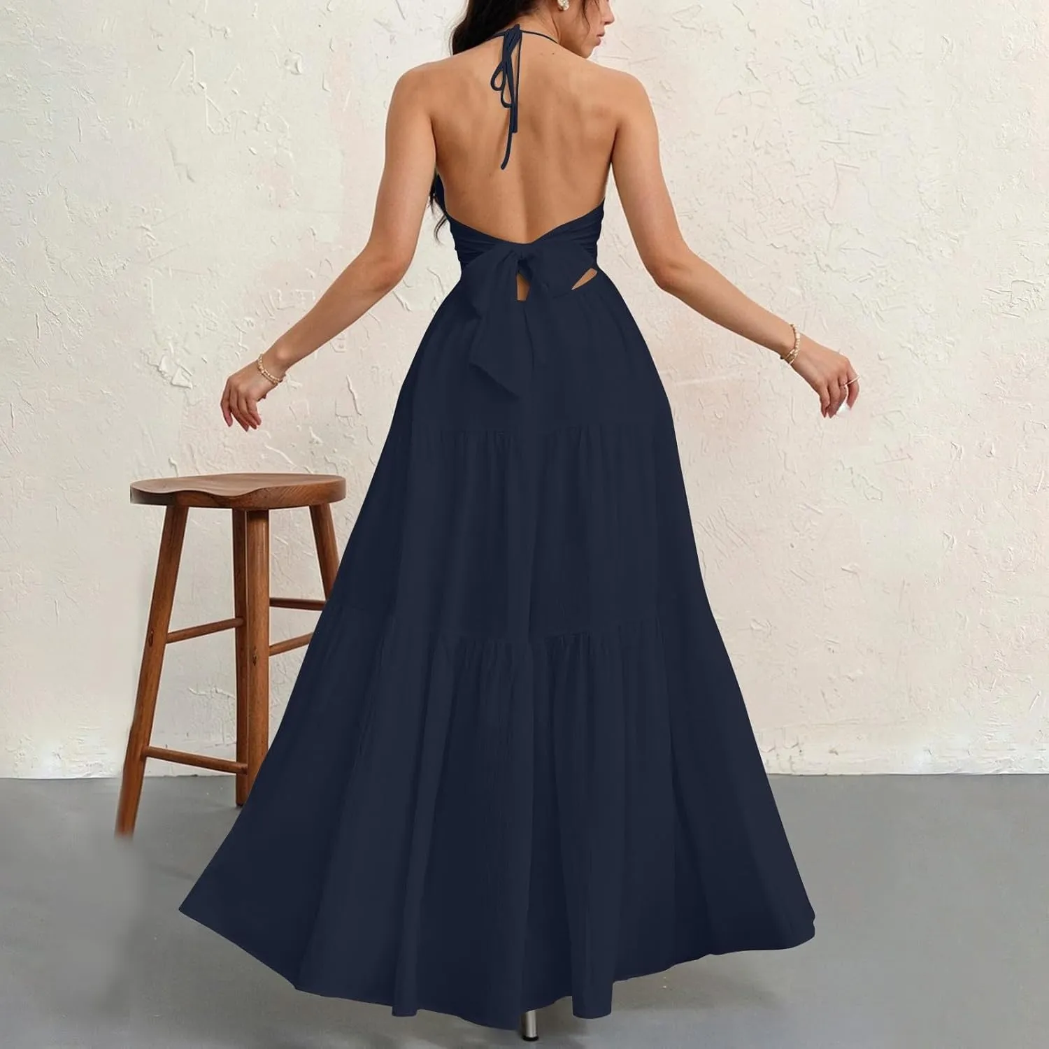Summer Dresses for Women 2025 Spaghetti Strap Halter V Neck Maxi Dress Bow Tie Backless Ruffle A Line Prom Dress